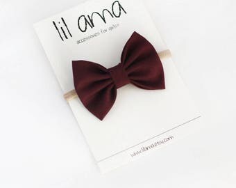 Baby Girl Headband - Burgundy Hair Bow - Nylon Headband - Baby Headband - Baby Bows - Newborn Headband - Baby Girl Bows - Fabric Bow
