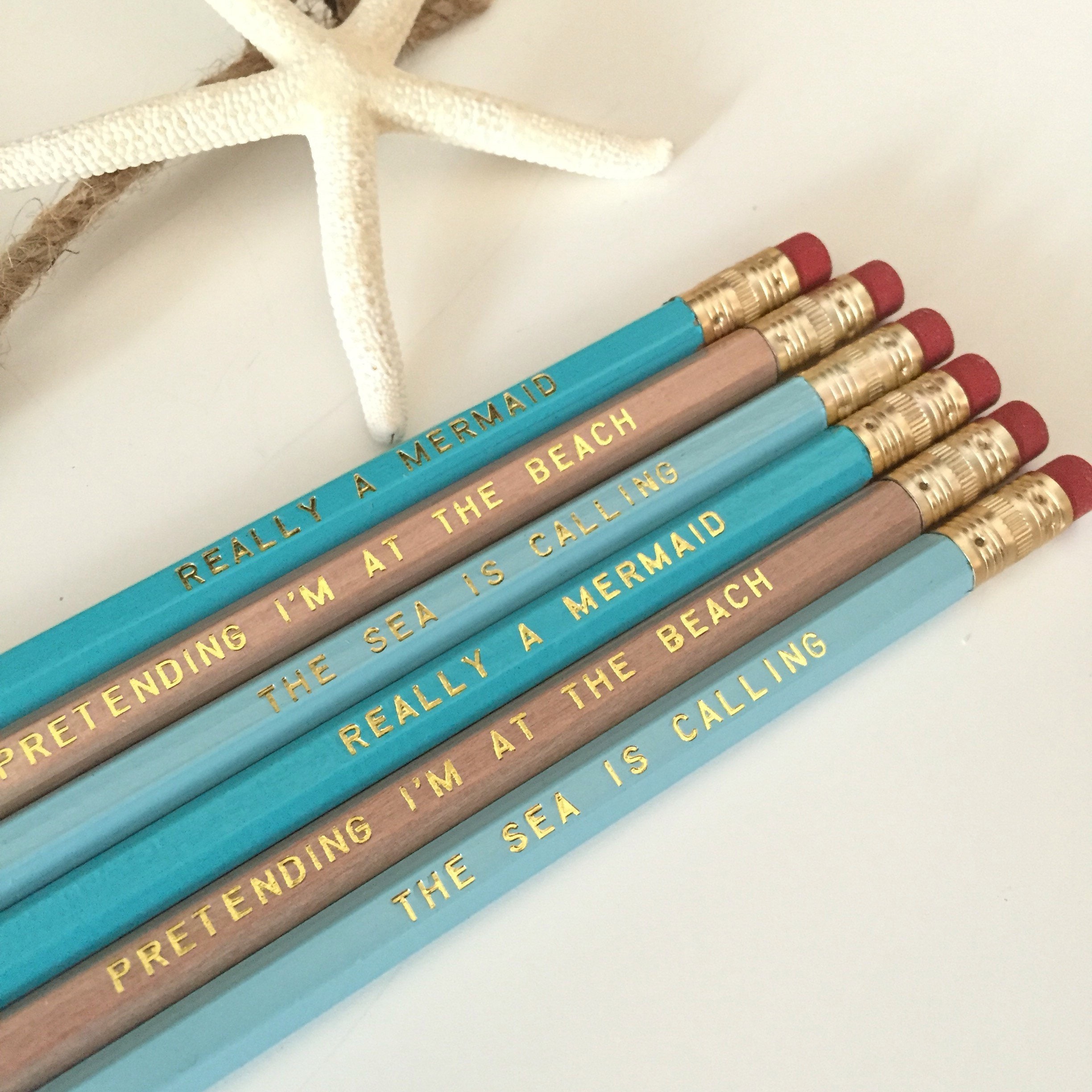 Set of 6 Engraved Pencils Message Pencils Beach Theme