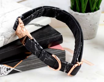 Dog Collar - Black/White Marble - Rose Gold Hardware