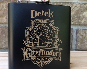 Gryffindor House Coat of Arms - Harry Potter Theme Engraved Single Flask Personalized with First Name - SHIPS from the USA
