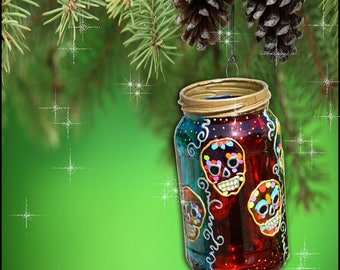Sugar Skull Decoration / Halloween Art / Day of the Dead Candle Ornament / Dia de Los Muertos Hanging Lantern / Hand Painted Glass Mason Jar