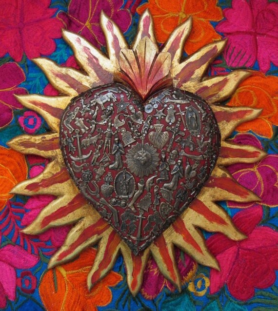 Milagros Sacred Heart // Red Heart with Charms // Mexican Folk