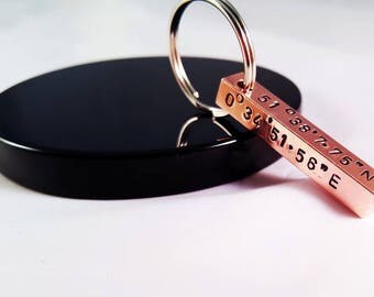 Copper bar key chain, 7 year anniversary keyring, personalised item, names, dates, custom handstamped gift, wedding gift, valentines day