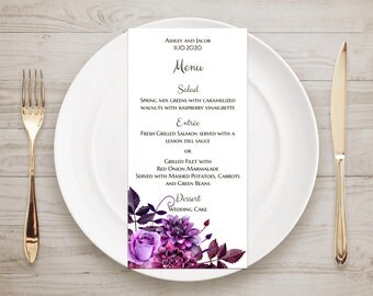 Watercolor menu flowers Printable wedding menu cards Unique wedding menu Romantic wedding decoration ideas Purple menu Lavender wedding 1W38