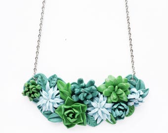 Succulent necklace, Flower Necklace, Cacti, Cactus, Green, Floral Bib Necklace, Succulent Jewelry, Polymer clay necklace, trending now