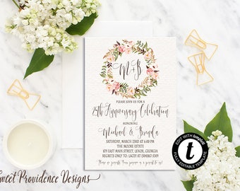 25th Anniversary invitation, Anniversary Party Invitation, Romantic Floral Invitation, Floral Watercolor Invite, EDITABLE Instant Download