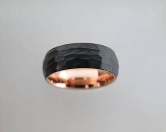 Hammered Brushed Black Tungsten Carbide Unisex Band With Rose Gold* Interior, Brushed Finish, 8mm, Mens Ring, Womens Ring, Wedding Band