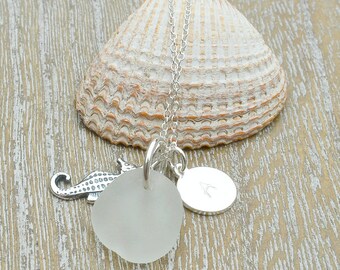 Sterling Silver Personalized Necklace, Silver Initial Necklace, Hand Stamped Necklace, Sea Glass Necklace, Monagram Necklace Sterling Silver