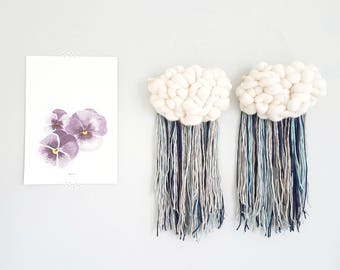 Fluffy cloud Woven Wall Hanging, nursery decor. Ivory roving and fringe of blue and grey and a little gold