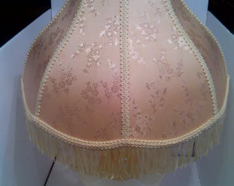 Vintage Fringed Victorian- Style Ivory - Colored Silk Jacquard Lampshade ( 10.5 in. T. by 17 in. w. )