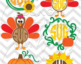 Thanksgiving Monogram svg, 6 fall monogram svg, sunflower svg, turkey monogram svg, pumpkin monogram cut file, commercial use OK,