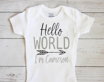 Hello world onesie | Personalized name, Take Home Outfit, Coming Home Outfit, Hello world, Baby shower gift, Baby boy clothes, onesie