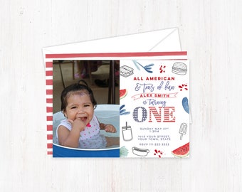 4th of July birthday invites, photo party invites, girl party invitations, labor day birthday, all american invite, tons of fun turning one