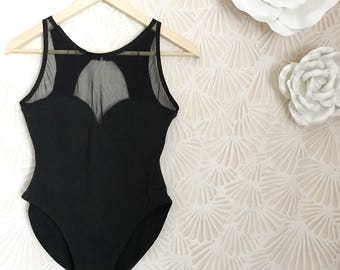 Vintage 1990s Size S/M Black Sweetheart Mesh High Cut Leotard Onesie / Gitano
