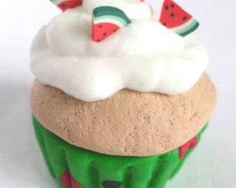 Watermelon and white whipped cream cupcake polymer clay necklace