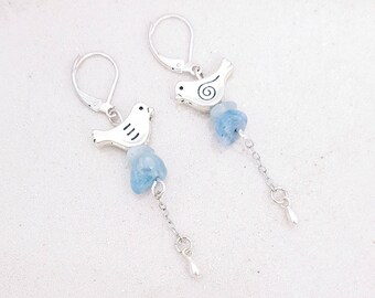 Bird - aquamarine - Silver earrings