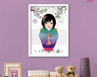 Post deco kokeshi girl purple nursery