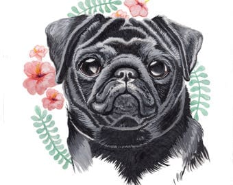 Pug Gift Art Pet Painting - Custom Made to Order - Handmade Watercolour Gift Couple Personalised Wall Art