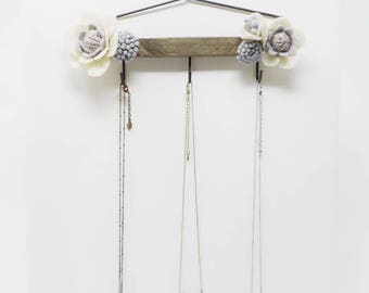 Felt Flower Jewelry Hooks· Necklace Hook· Key Hook· Wall Mounted· Display· Organizer· Wood· Metal· House Warming· White· Gray· Yarn· Daisy