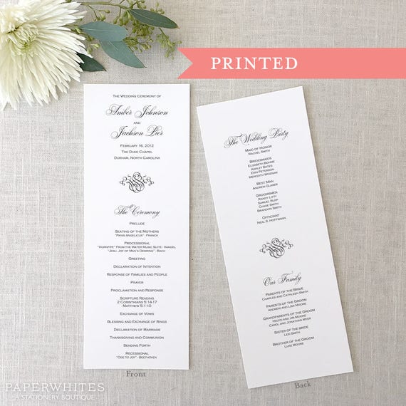 Printed Black Tie Wedding Ceremony Program Black and White