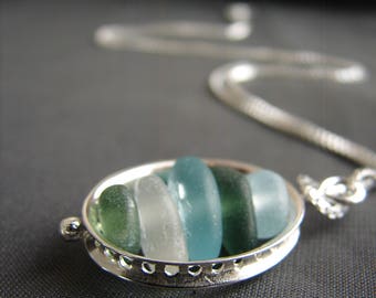 Aqua and Olive Sea Glass Necklace / genuine sea glass jewelry / sterling silver / beach wedding / beach glass jewelry / stacked sea glass