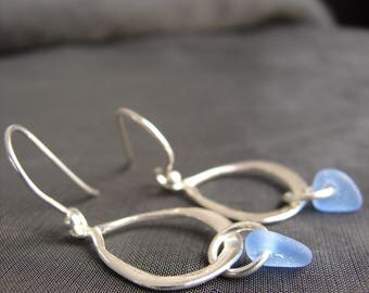 Blue sea glass earrings / sea glass jewelry / sterling silver beach glass earrings / seaglass earrings / beach wedding / genuine sea glass