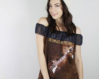 Off Shoulder Led Zeppelin Top. Off Shoulder Rock Shirt. GoonieRock n Roll shirt. Led Zeppelin upcycled top. Pink Black Led Zeppelin Shirt