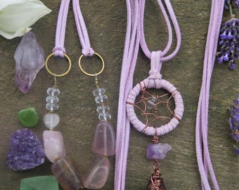 Purple & Copper Dreamcatcher Boho Necklace OR Fluorite Angel Wing Necklace - Dream Catcher - Stone Gemstone - Gypsy Amethyst Vegan Suede