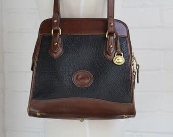 Dooney & Bourke Brown and Black All Weather Leather Zipper Top Satchel Shoulder Bag / Large 1980s Carpet Bag Purse