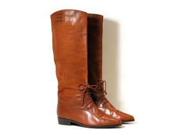 80s Riding Boots size 10, Seychelles Boots, Brown Leather Boots, Brown Suede Boots, Vintage Tall Boots, Lace Up Equestrian Knee High Boots