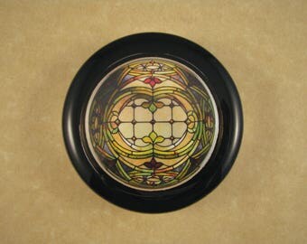 Stained Glass Window, Glass Paperweight, Green Gold Glass, Earthtone Glass, Round Paperweight, Antique Glass, Desk Accessory