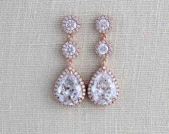 Rose Gold Chandelier earrings, Rose Gold Bridal earrings, Wedding earrings, Crystal earrings, Bridal jewelry, Long Bridal earrings