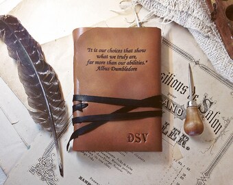 leather journal, personalized journal, brown leather notebook with custom text quote and monogram initials, leather sketchbook diary, Travel