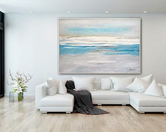 Original Large Abstract Painting 40 x 60 Modern Art Blue Gray Ocean Wall Art Painting Contemporary Landscape Oil Painting by Sky Whitman