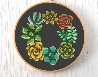PDF Pattern - Succulent Wreath Cross Stitch Pattern, Succulents Cross Stitch Pattern, Wreath Cross Stitch Pattern, Modern Cross Stitch