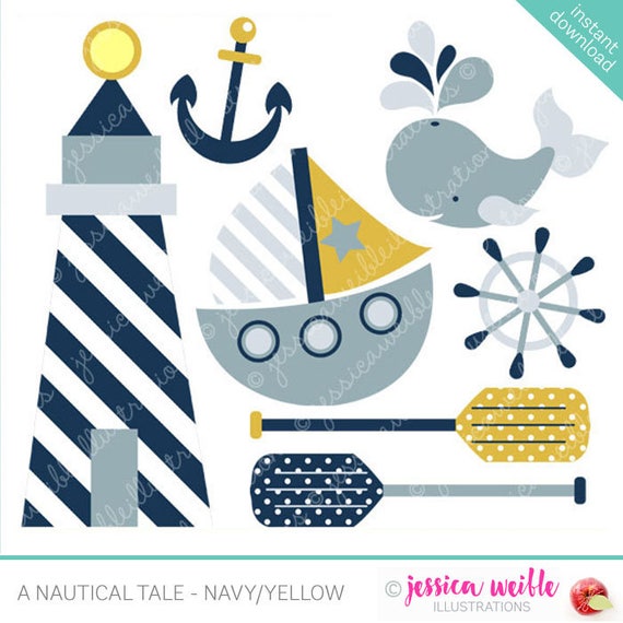 A Nautical Tale - Navy and Yellow - Cute Digital Clipart for Commercial and Personal Use, Nautical Sailing Clipart Il_570xn