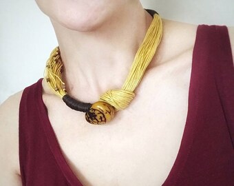 Tagua Nut Necklace, Linen Necklace, Yellow Tagua Nut, Natural Jewelery , Unique Necklace, Boho Necklace, Free Form Tagua