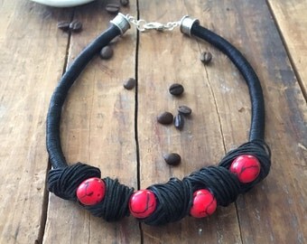 Linen Necklace, Tagua Nut Necklace, Boho Necklace, Red Tagua Nut Beads, Linen Cord, Natural Jewelry, Statement Necklace