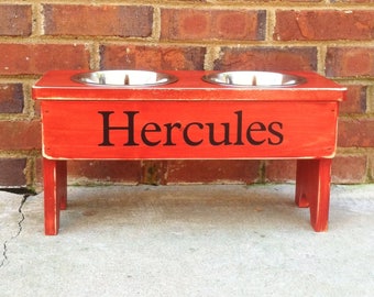 Personalized Elevated Dog Bowl Stand Personalized 9'' Tall Distressed with two 1 qaurt bowls