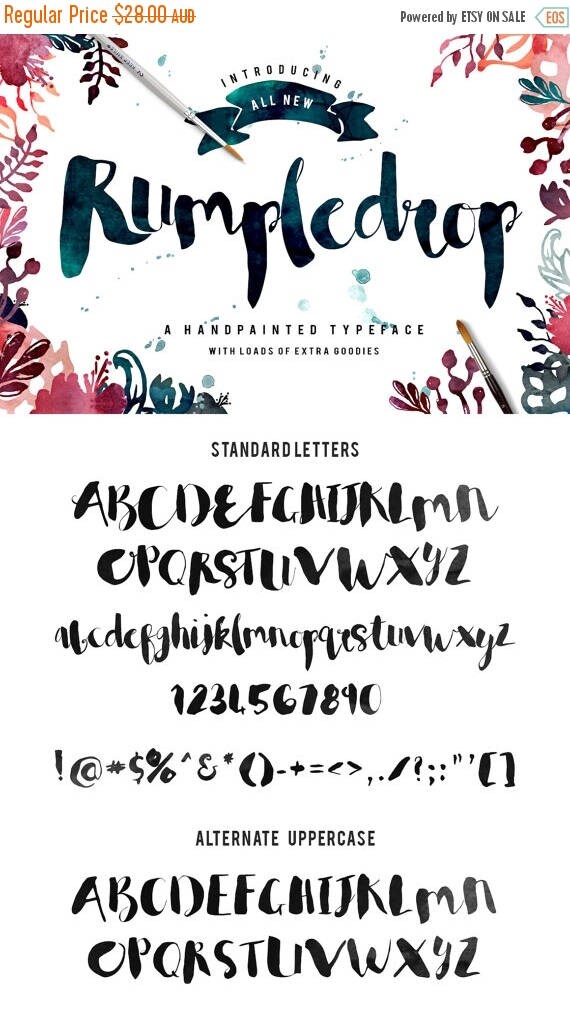 Digital Fonts 80% Off SALE Rumpledrop brush script Typeface - Handpainted - Plus BONUS Watercolor Textures, Glitter, Foil, illustrations