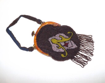 Vintage 1930s heavily beaded small handbag bag brown pink yellow flapper purse with tassel