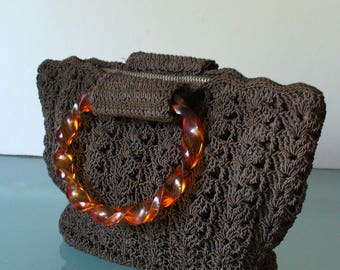 Vintage Chocolate Brown Crochet Handbag With Lucite Handles