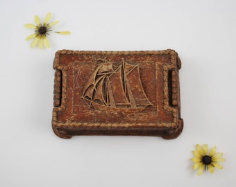 Vintage Syroco Wood Sailboat Trinket Box - Small Wooden Nautical Jewelry Box