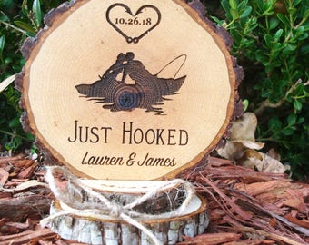 Rustic Fishing Wedding Cake Topper, Just Hooked Topper, Fish Hook Cake Topper, Custom Cake Topper, Wood Slice Topper, Cake Top, Rustic Decor