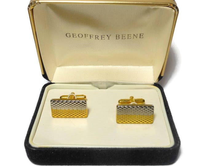 FREE SHIPPING Geoffrey Beene cuff links, gold and silver textured rectangle cufflinks in original box vintage, wedding perfect!