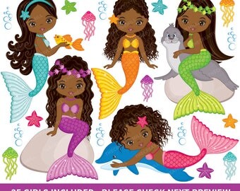 50% OFF SALE Mermaids Clipart - Vector Mermaids Clipart, Fish Girls Clipart, African American Clipart, Mermaid Clipart, Mermaids Clip Art