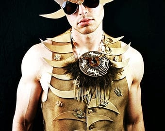 Mens Rugged spiked warrior bling gold vest top costume accessory festival