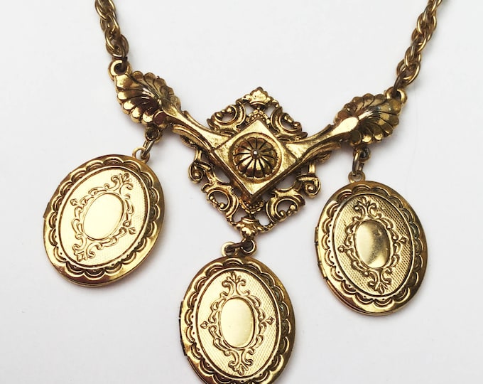 Locket necklace - Signed Art - Triple three locket - gold chain - Art Mode company - Victorian Revival - Pendants