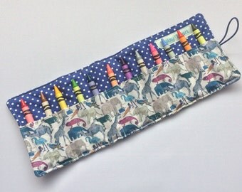Liberty of London 'Queue for the zoo' fabric crayon roll/pencil case - an ideal gift for a child - made in Cornwall