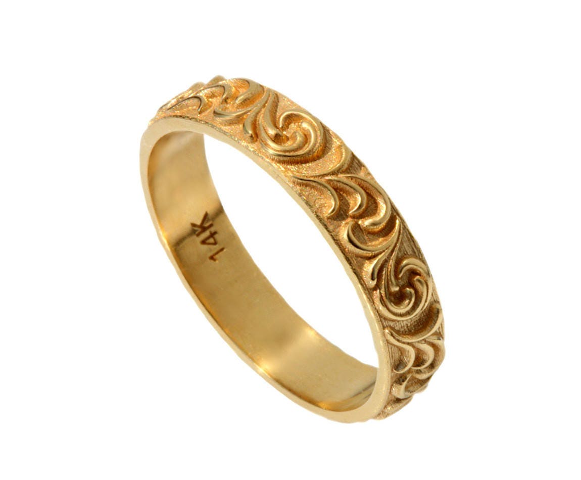 14k Women wedding band Art deco scroll leafs engraved gold